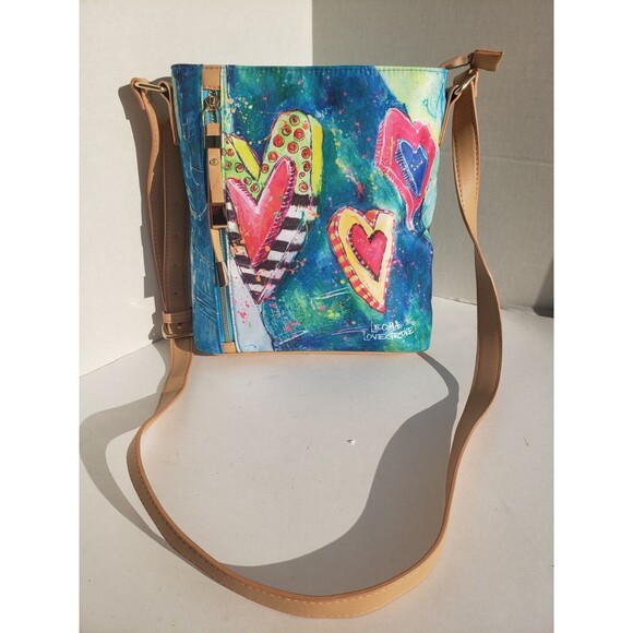 Leoma Lovegrove Art Double Hearts & Palms Crossbody Bag Pink Blue Painted EUC - Picture 2 of 16